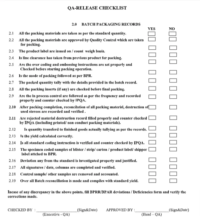 QA checklist for BPR