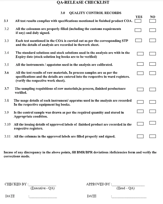 QA checklist for QC
