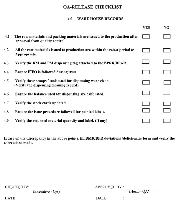 QA checklist for ware house