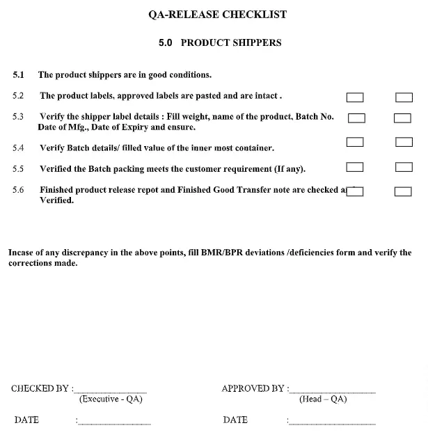 QA checklist for product shipper