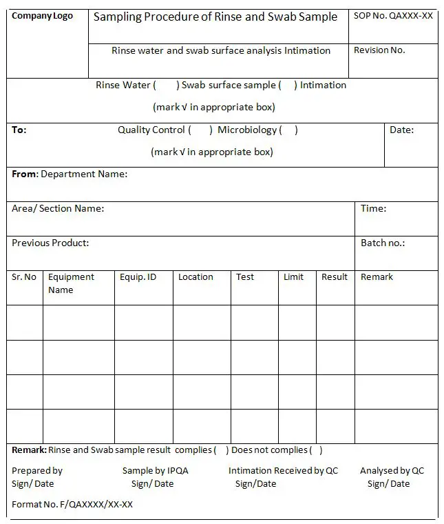 Sample analysis requisition slip for a swab and rinse water
