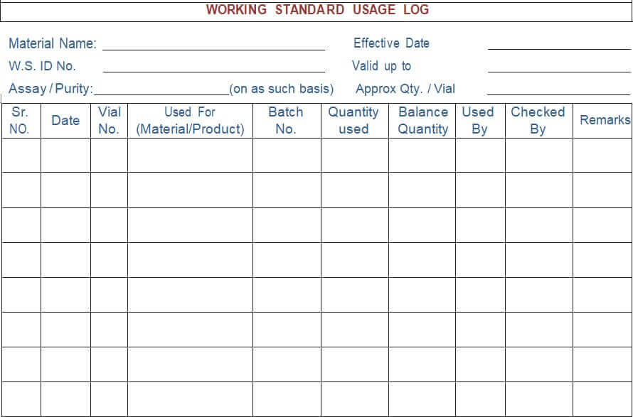 Annexure - V: Working Standard Usage Log