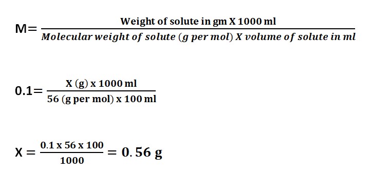 Formula to calculate amount of KOH is required to prepare 0.1 Molar KOH solution in 100 ml