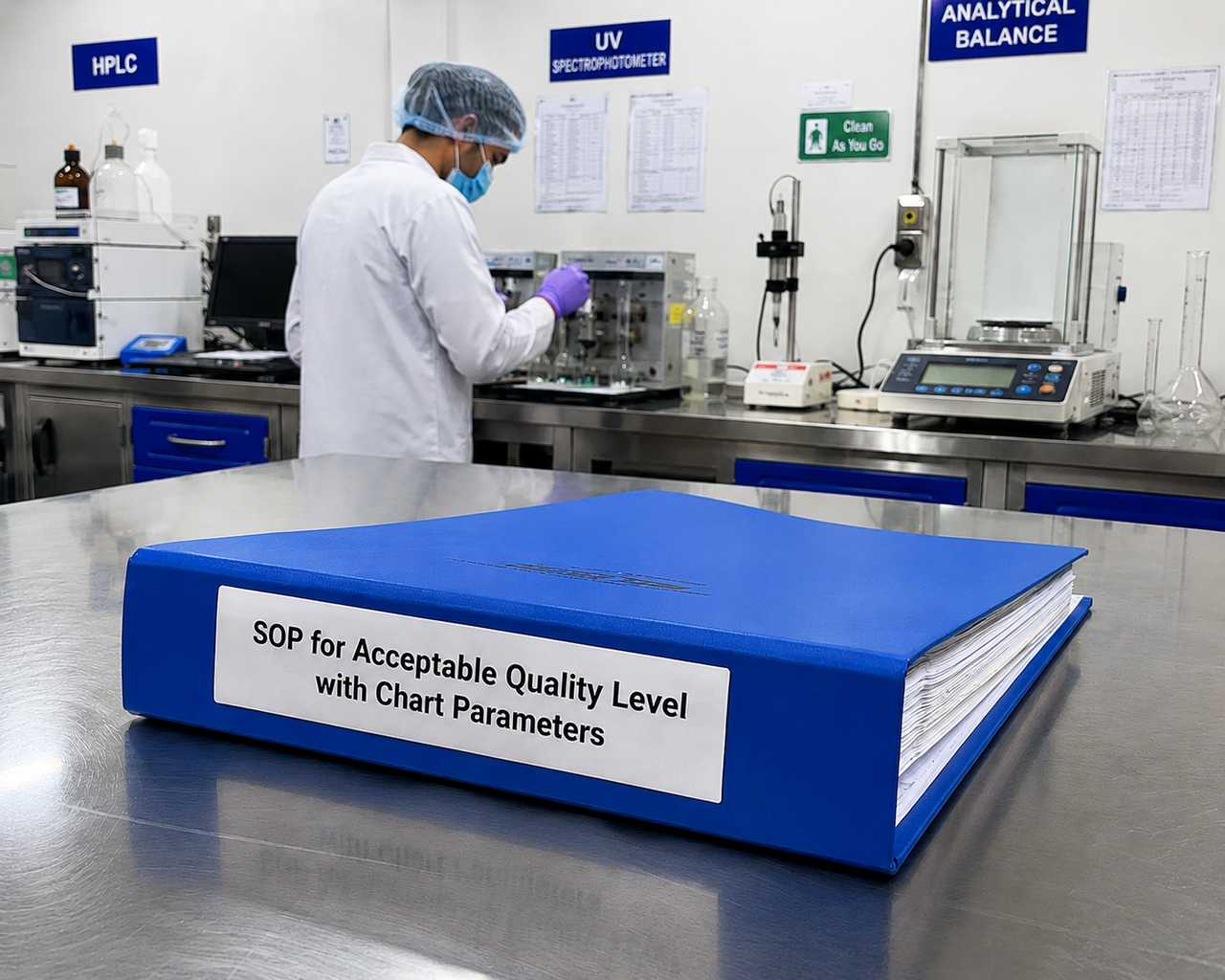 Blue SOP file for Acceptable Quality Level with Chart Parameters placed on stainless steel table in pharma production laboratory with chemist and quality control instruments in background