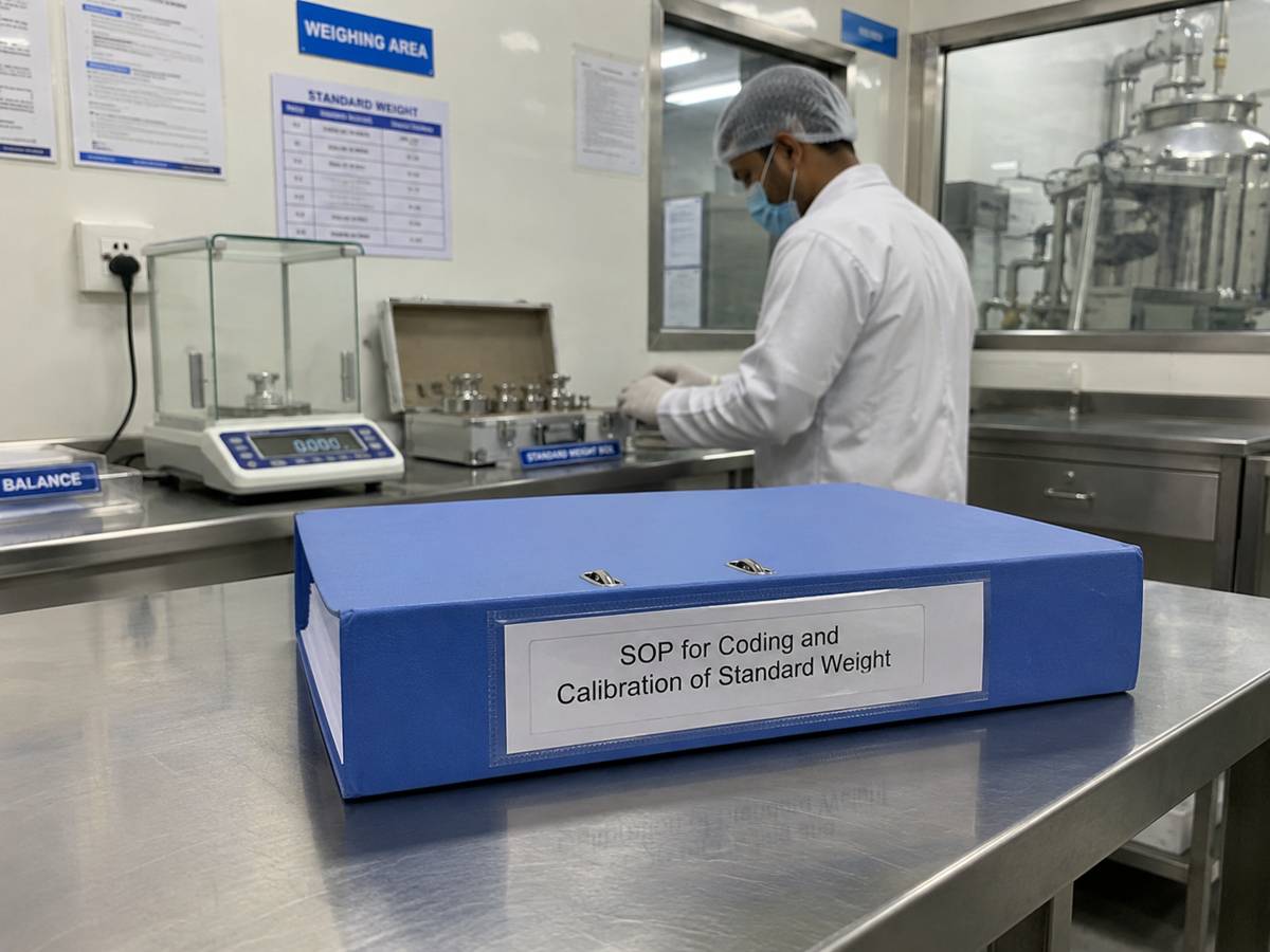 Blue SOP file for coding and calibration of standard weights placed on stainless steel table in pharmaceutical production area with chemist and weighing instruments in background