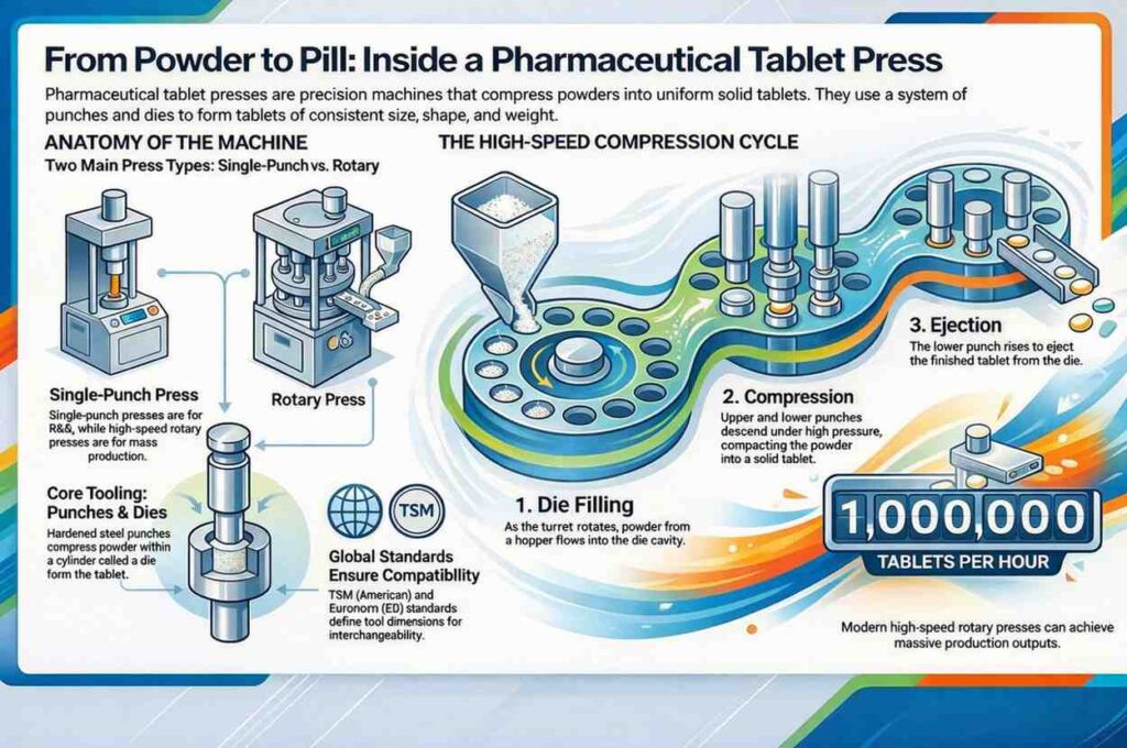 Infographic Visuals on Compression Machine...from Powder filling to Ejection process.