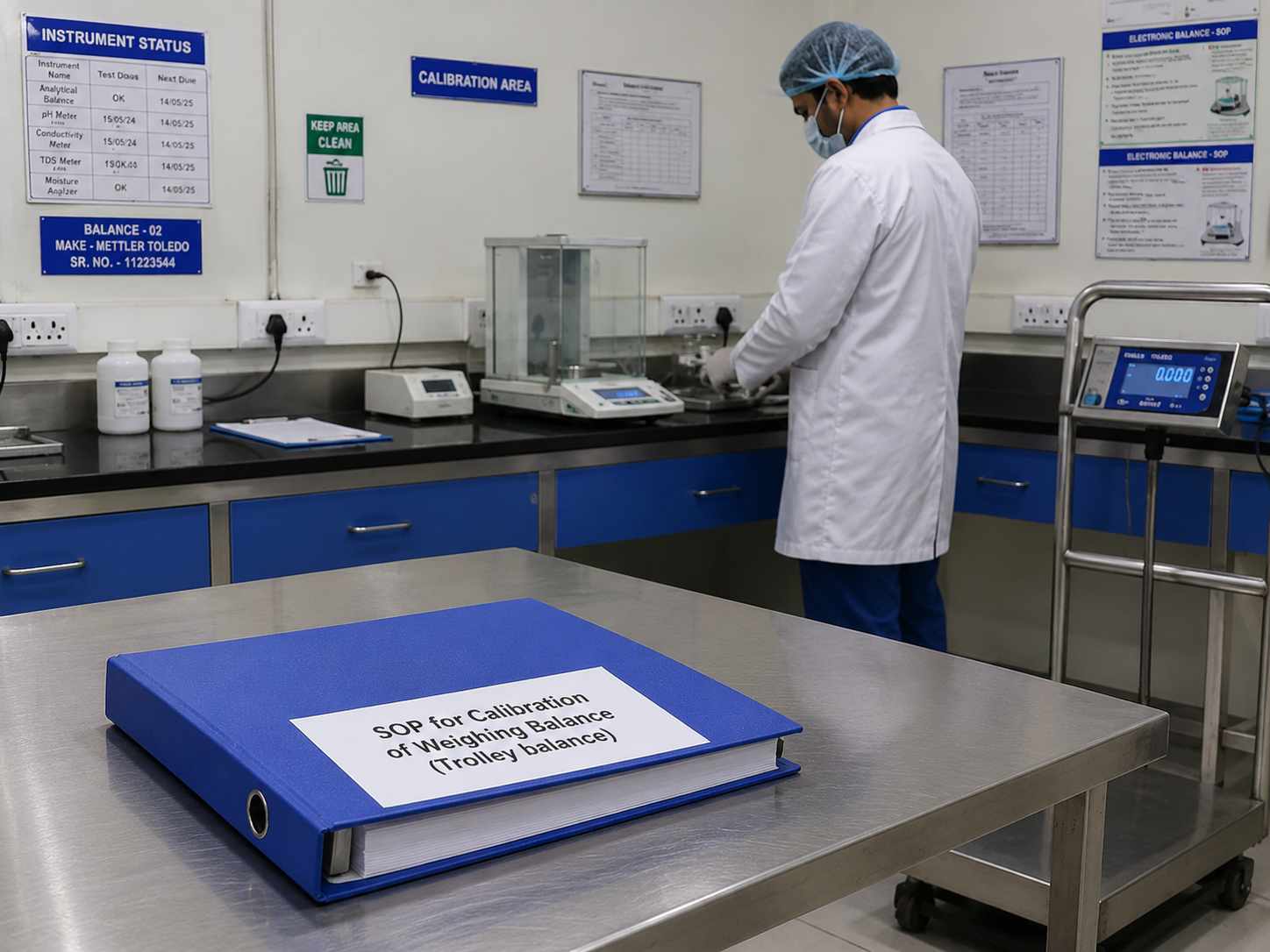 SOP for calibration of trolley weighing balance placed on stainless steel table in pharmaceutical production area with chemist performing balance verification
