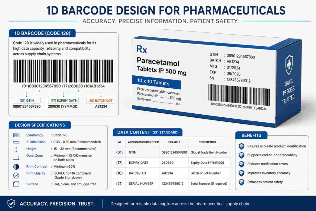 Educational infographic explaining 1D barcode design used in pharmaceutical packaging. The image shows a Code 128 barcode, GS1 application identifiers for GTIN, batch number, expiry date, and serial number, along with barcode design specifications, print quality requirements, and pharmaceutical carton labeling examples.
