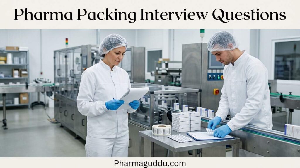 Pharmaceutical packaging professionals working on a packaging line in a GMP manufacturing facility. The image shows operators reviewing batch documents, inspecting packaged medicine cartons, and performing packaging activities commonly discussed in pharma packing interview questions.