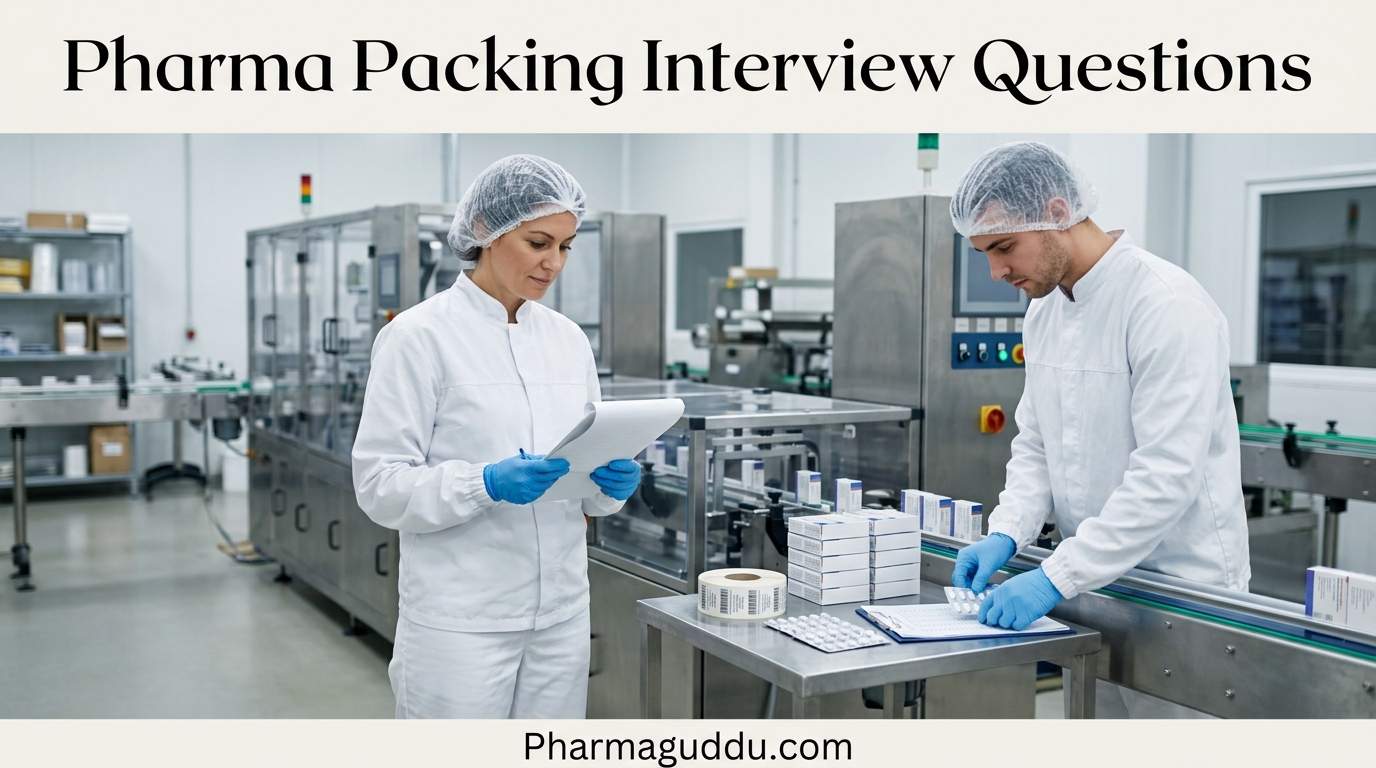 Pharmaceutical packaging professionals working on a packaging line in a GMP manufacturing facility. The image shows operators reviewing batch documents, inspecting packaged medicine cartons, and performing packaging activities commonly discussed in pharma packing interview questions.