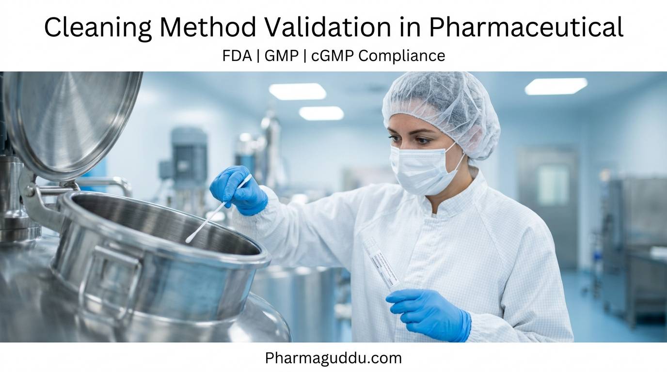 Pharmaceutical professional performing swab sampling inside stainless steel manufacturing equipment during cleaning method validation in a GMP compliant production facility.