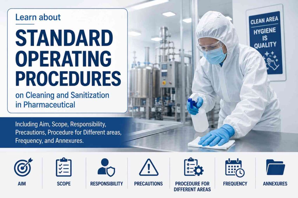 Pharmaceutical cleaning and sanitization SOP featuring a cleanroom technician sanitizing equipment in a GMP-compliant manufacturing area with hygiene and contamination control procedures.