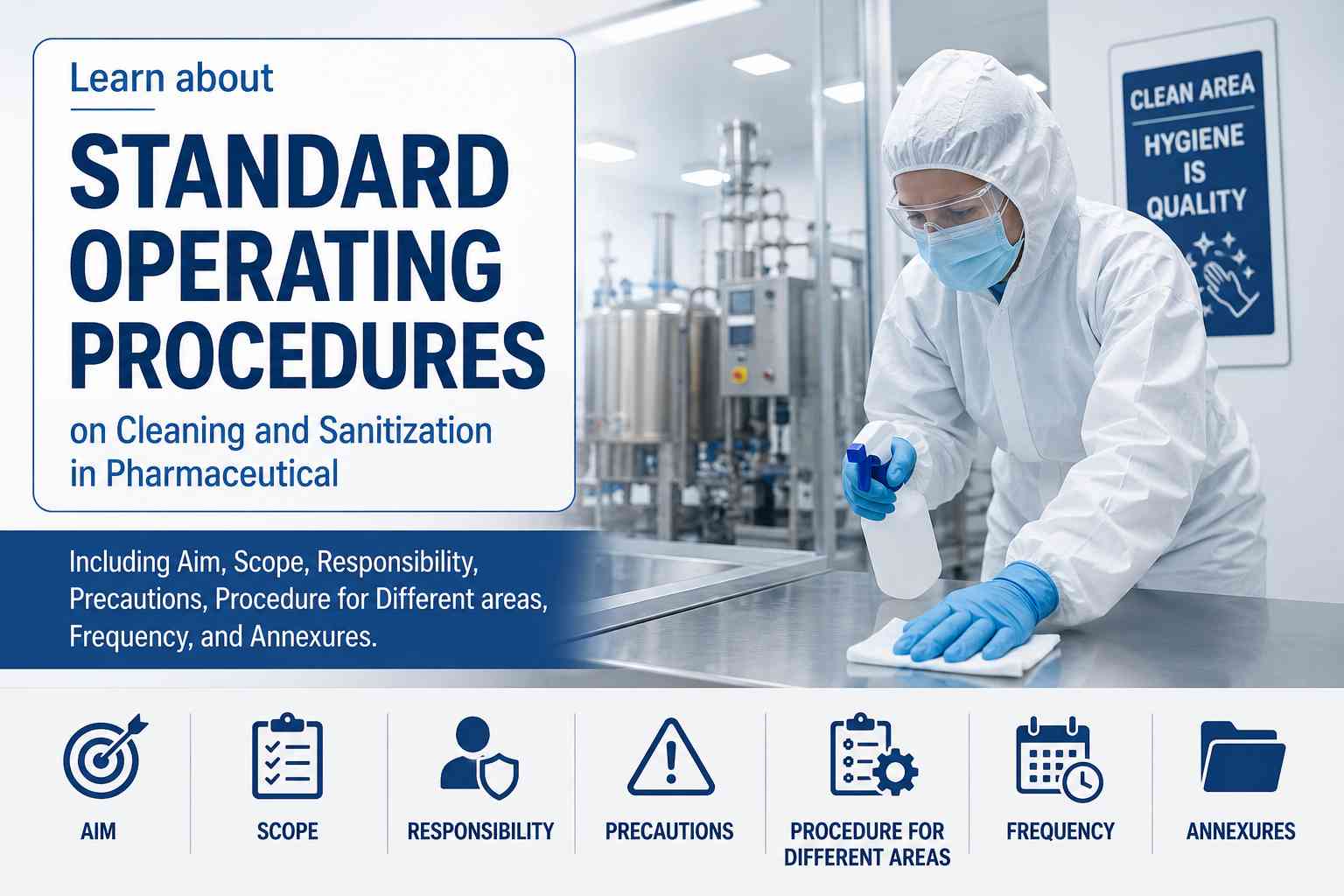 Pharmaceutical cleaning and sanitization SOP featuring a cleanroom technician sanitizing equipment in a GMP-compliant manufacturing area with hygiene and contamination control procedures.