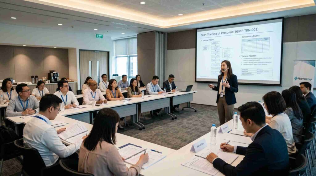 Pharmaceutical GMP training session with staff participating in an SOP training course and a trainer demonstrating training procedures and forms in a professional training hall.