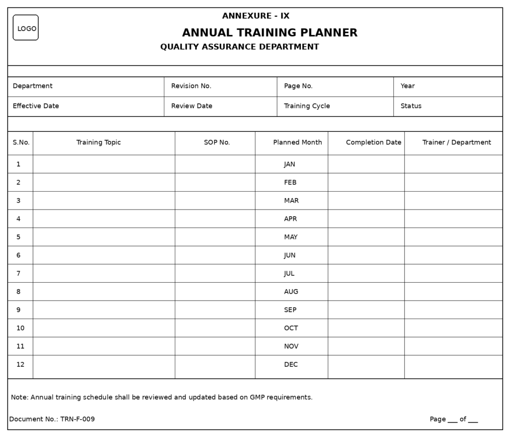 Annual GMP training planner for scheduling SOP training activities, trainers, completion dates, and departmental compliance programs.