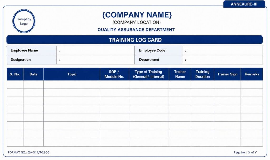 Employee training log card format for recording SOP training, trainer details, training duration, and compliance activities.
