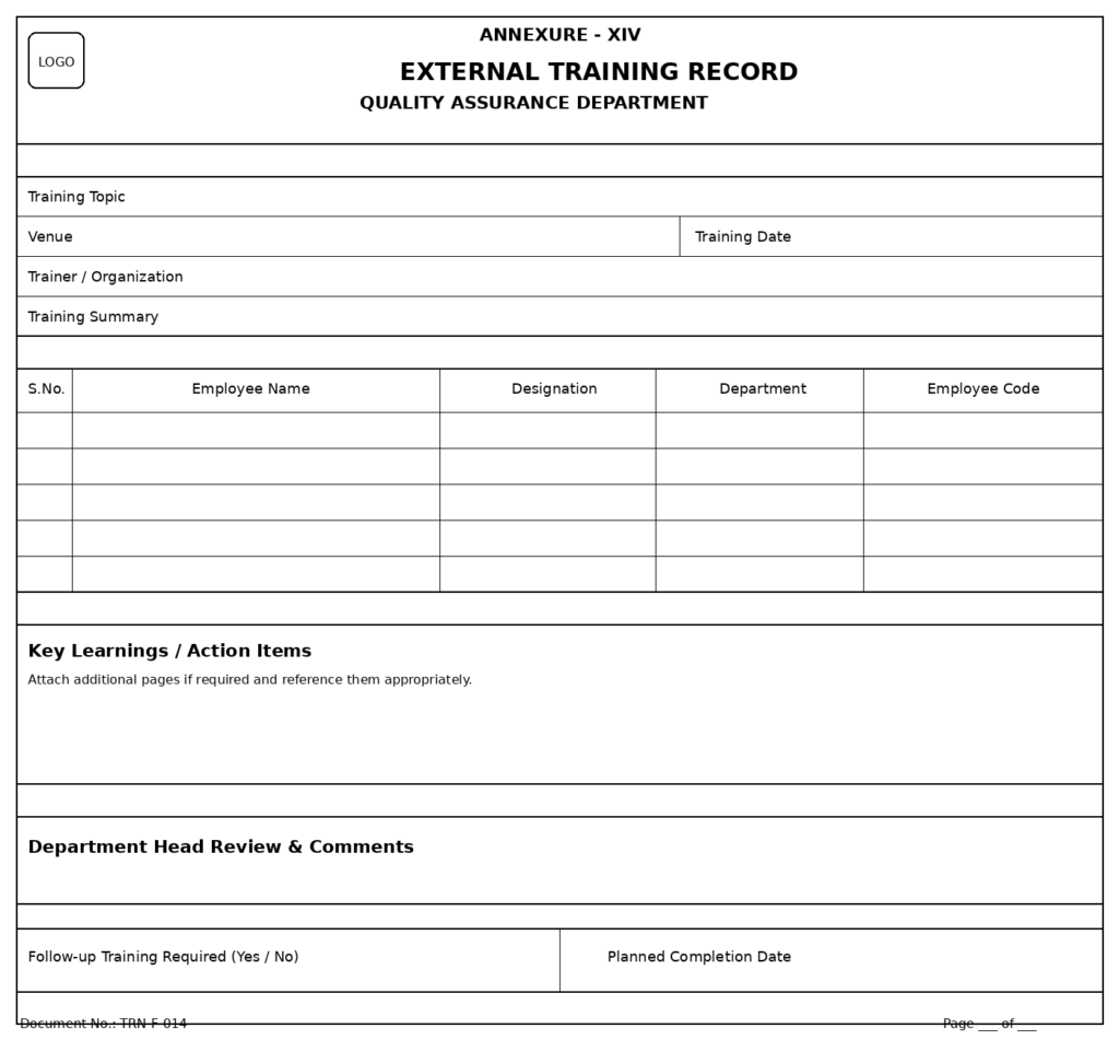 External training record form for documenting third-party training programs, key learnings, action items, and employee participation.