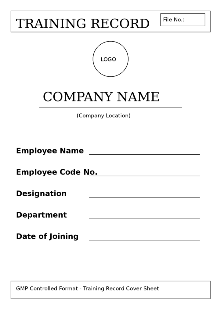 GMP training record cover sheet for pharmaceutical company employee training file with employee details and company information.