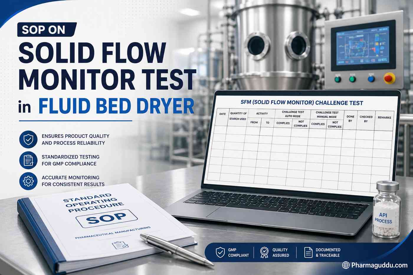 SOP on Solid Flow Monitor Test in Fluid Bed Dryer (FBD) for Pharmaceutical Manufacturing and GMP Compliance.