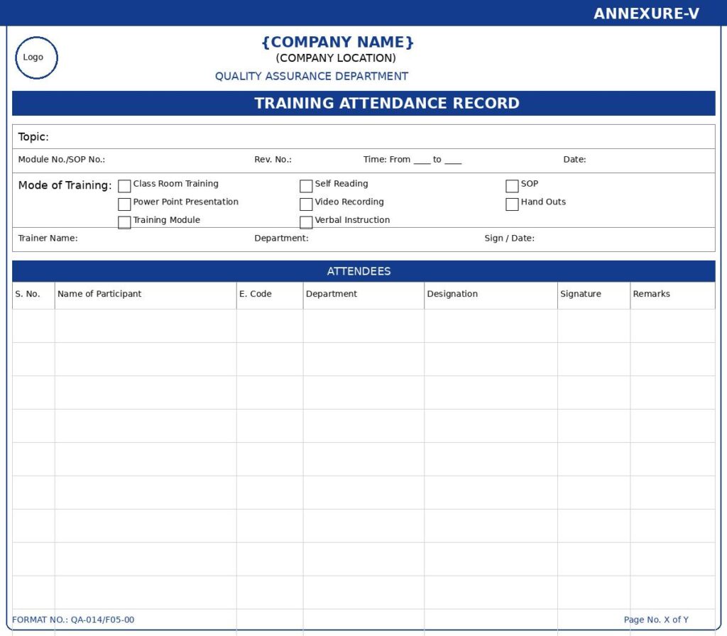 Pharmaceutical GMP training attendance record form for documenting participants, signatures, training modes, and trainer information.