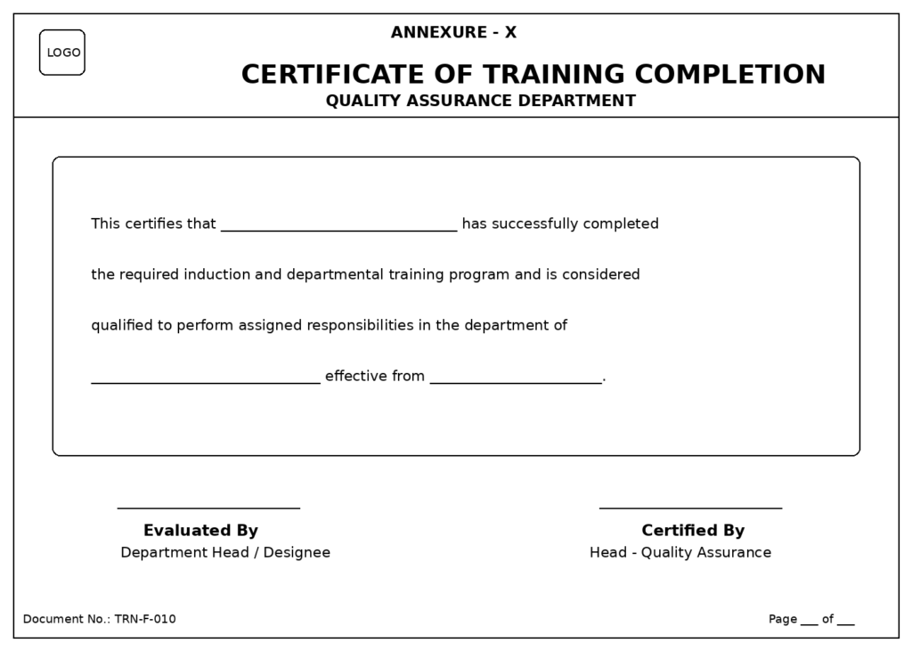 Certificate of training completion issued after successful employee induction and departmental GMP training qualification.