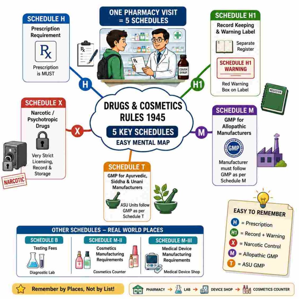 Drugs and Cosmetics Rules 1945 Infographic- Schedule H, H1, X, M and T with examples of compliance in the pharmacy sector
