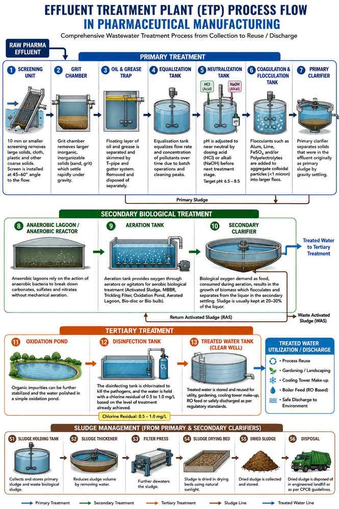 Pharmaceutical Effluent Treatment Plant ETP Process Flow Diagram including Screening, Equalization, Neutralization, Biological Treatment, Clarification, Disinfection and Sludge Management