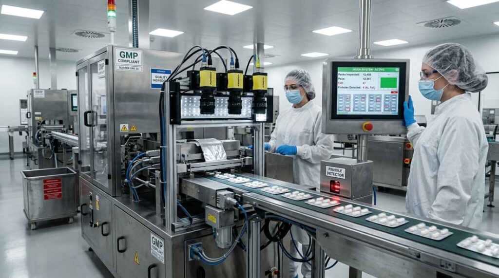 Pinhole detector and camera vision system inspecting blister packs on a GMP environment manufacturing line for pharmaceutical packaging.