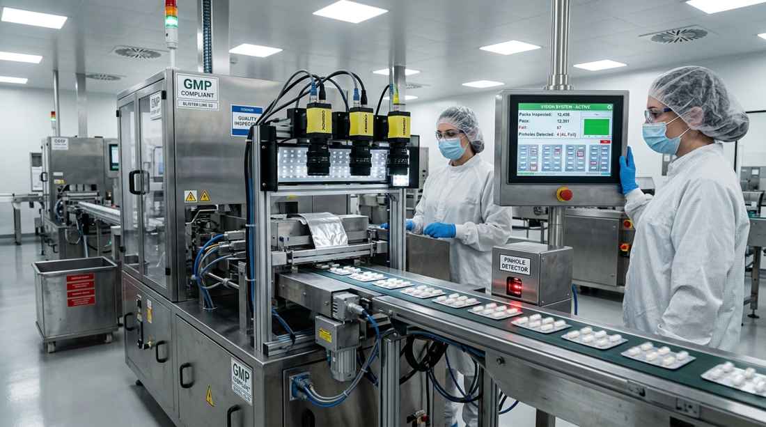 Pinhole detector and camera vision system inspecting blister packs on a GMP environment manufacturing line for pharmaceutical packaging.