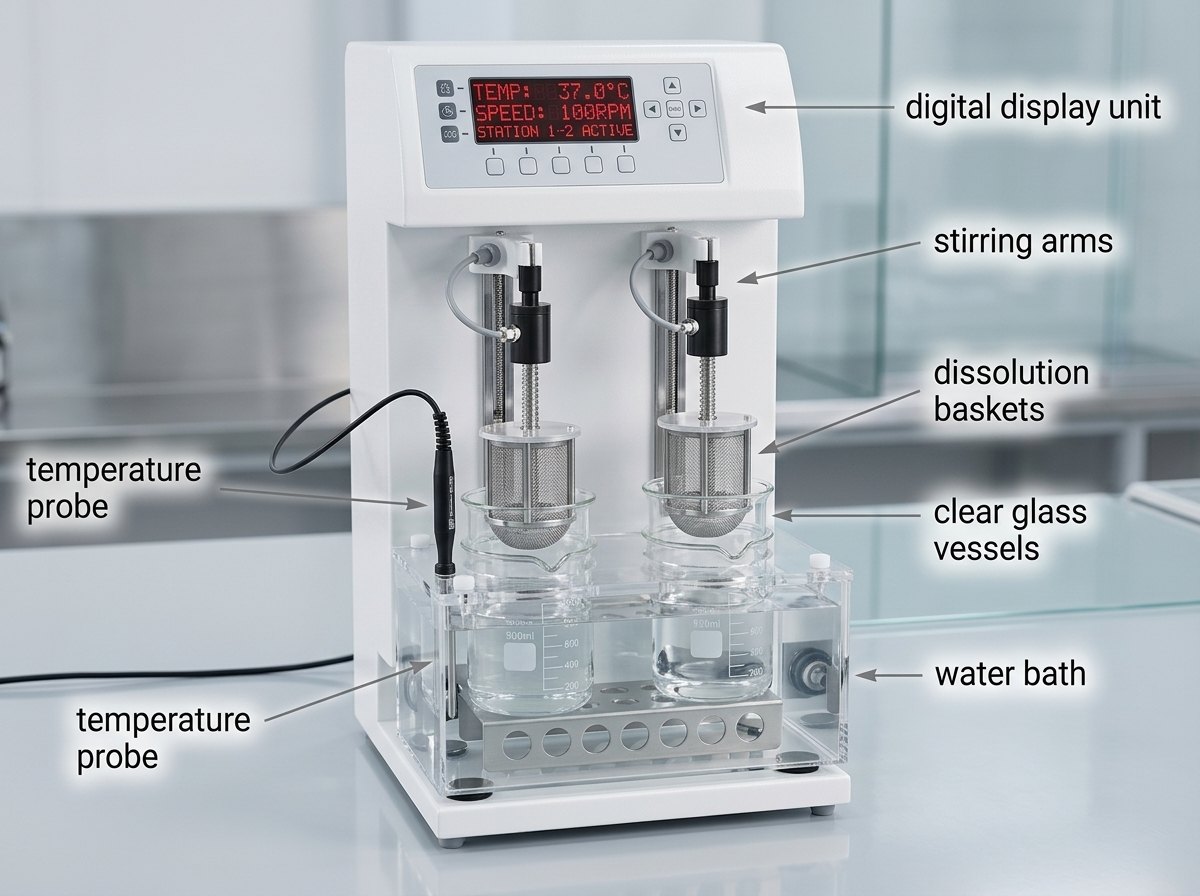 Labeled diagram of a pharmaceutical dissolution test apparatus showing the display unit, stirring arms, baskets, vessels, water bath, and temperature probe.