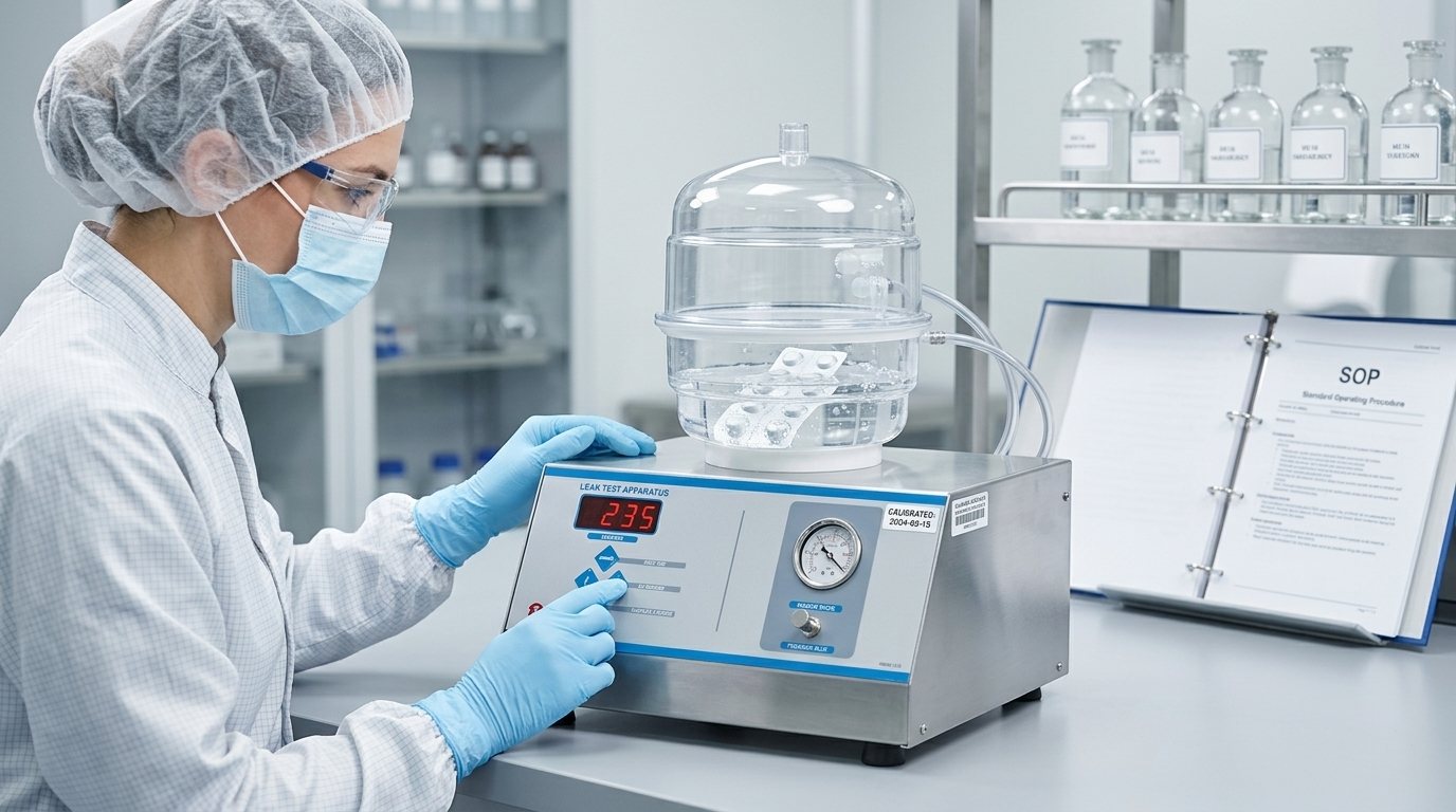 Technician operating a pharmaceutical leak test apparatus in a clean laboratory environment using standard operating procedures.