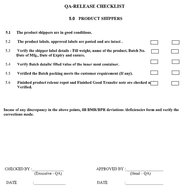 QA checklist for product shipper