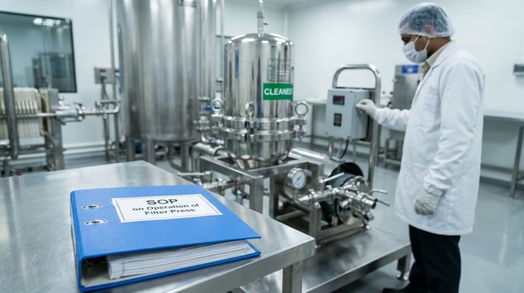 Blue SOP file titled “SOP on Operation of Filter Press” placed on a stainless steel table in a pharmaceutical production area, with a stainless steel filter press machine and pipelines visible in the background.