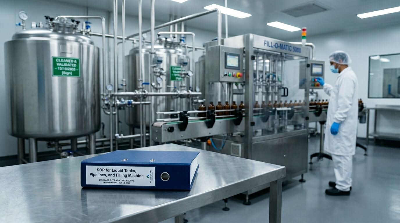 Blue SOP file for liquid tanks, pipelines, and filling machine placed on a stainless steel table inside a pharmaceutical production area, with stainless steel tanks and filling equipment visible in the background.