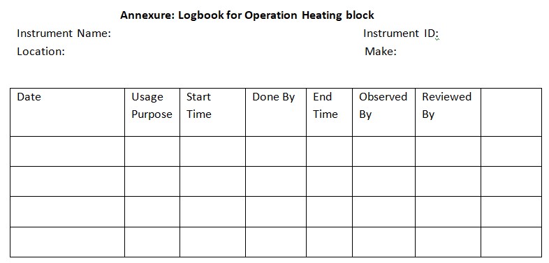 Annexure logbook for operating heating block