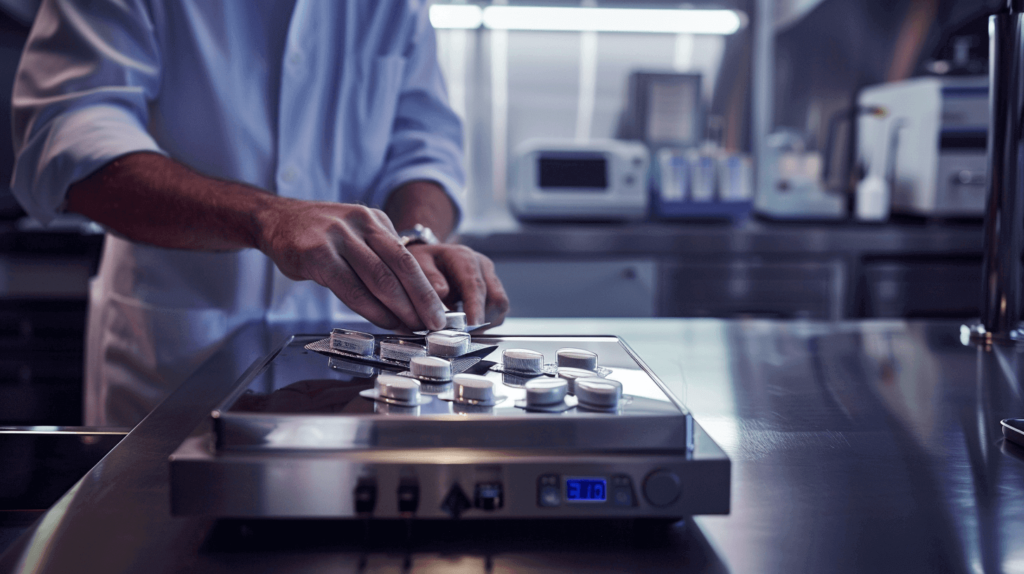 A men weighing blister on a weighing balance to calculate foil required for a batch