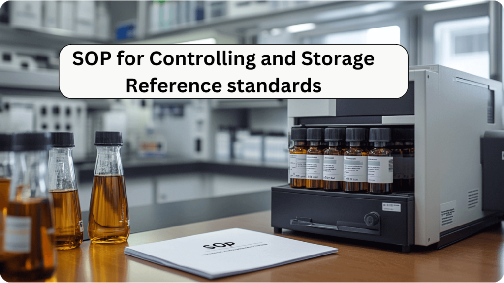 A image with "SOP for Controlling and Storage Reference standards" words written on it, In Background few Reference standards and Equipment are shown.