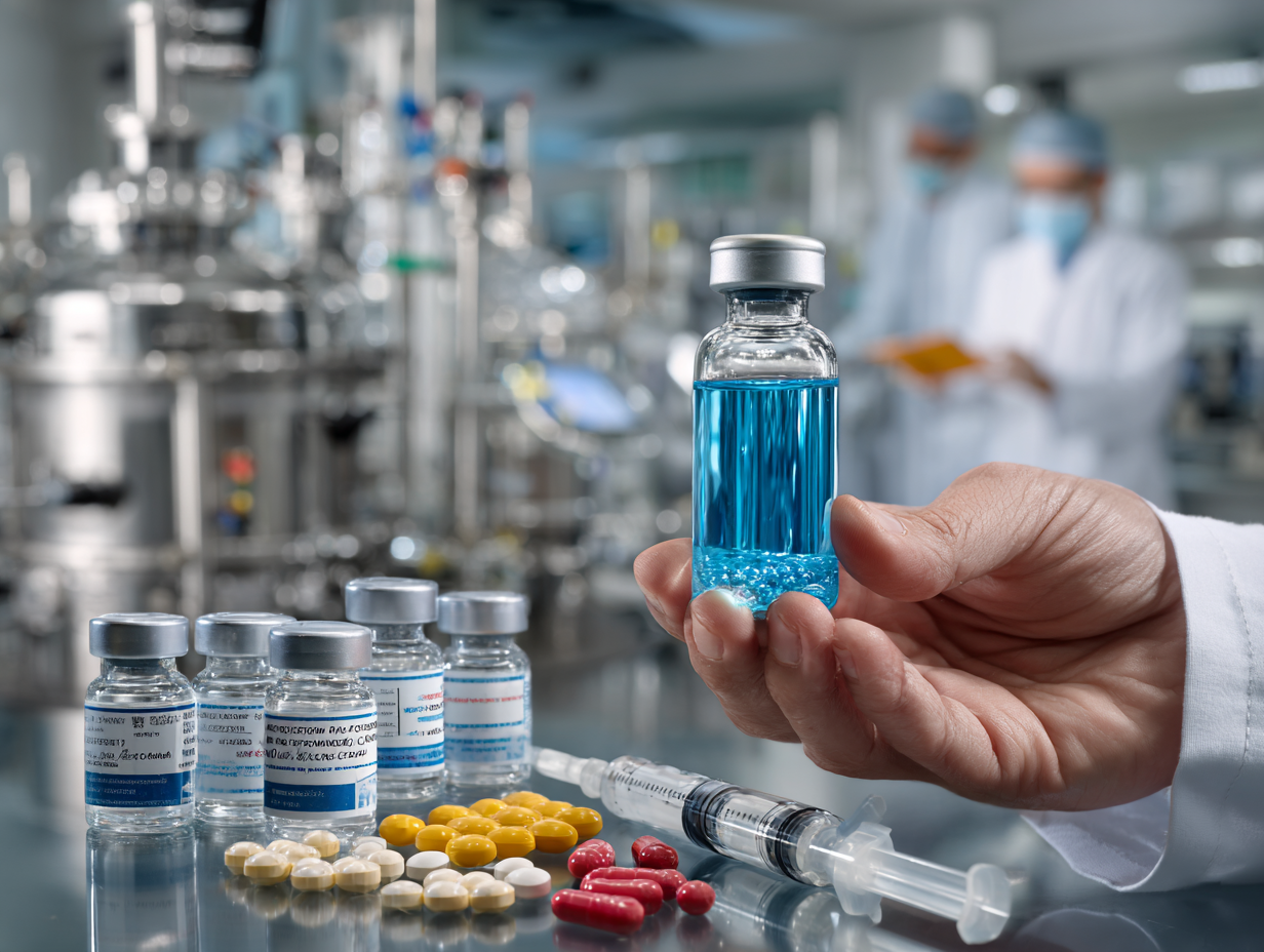 a scientist in a sterile white lab coat holds a small transparent vial containing a glowing blue liquid symbolizing the Active Pharmaceutical Ingredient (API)