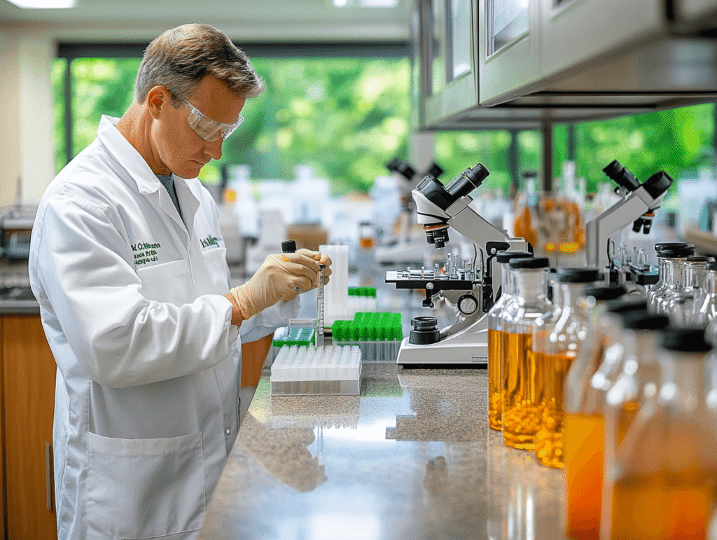 A Image showing a chemist working in a laboratory...instruments like glassware, chemicals are visible