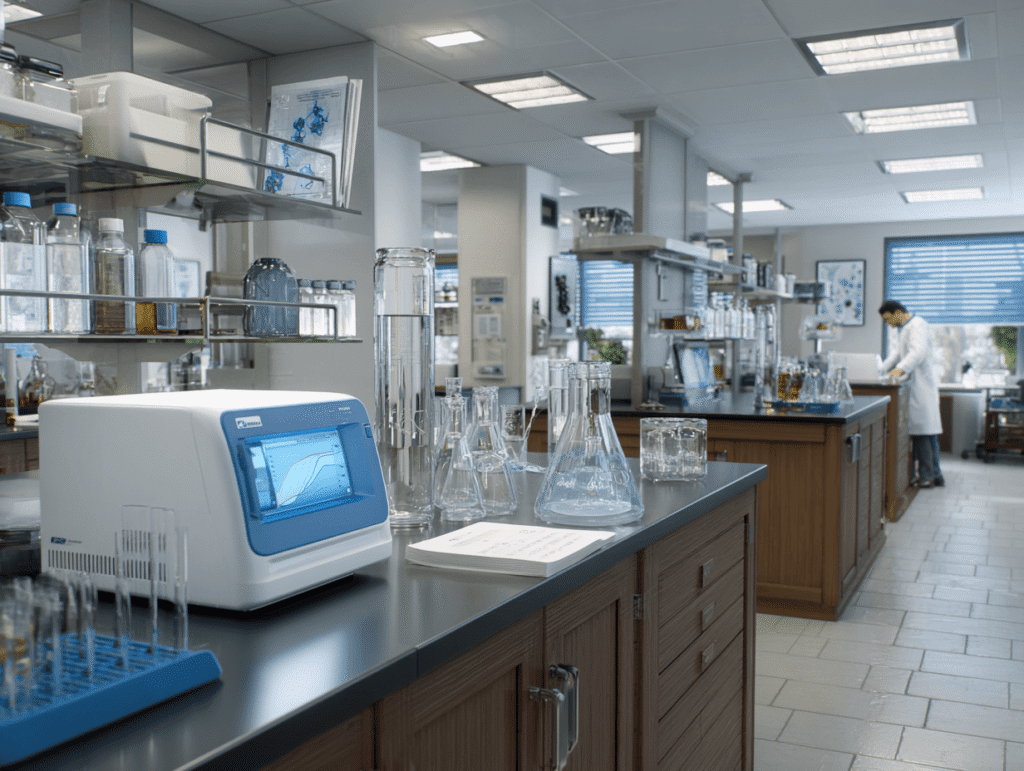 A modern pharmaceutical laboratory interior, high-tech environment, clean and well-lit with bright white LED lighting. A sleek UV-Visible (UV-Vis) spectrophotometer sits on a lab bench, surrounded by glassware, sample vials, and a digital display showing absorbance curves.