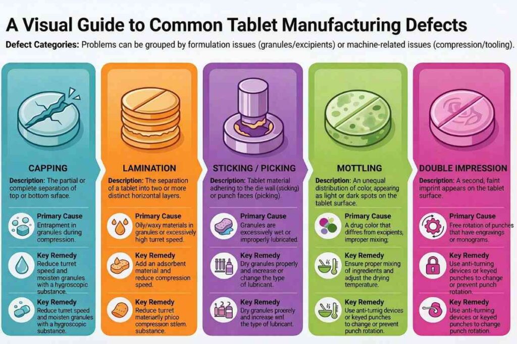 Image showing a Visual Guide to common tablet manufacturing Defects/ Infographic Guide on Common Tablets defects and Remedies