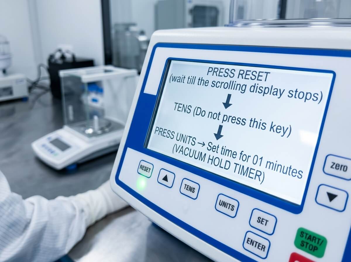 Leak test appratus machine showing desplay buttons and lab equipments in background