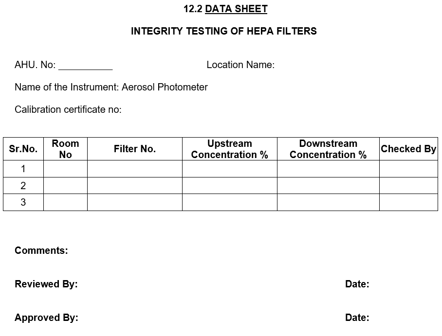 AHU Performance Qualification (PQ) data sheet for HEPA filter integrity testing in pharmaceutical HVAC system, including fields for AHU number, location, aerosol photometer details, calibration certificate number, and table columns for room number, filter number, upstream and downstream concentration (%), with sections for comments, review, and approval signatures with dates.