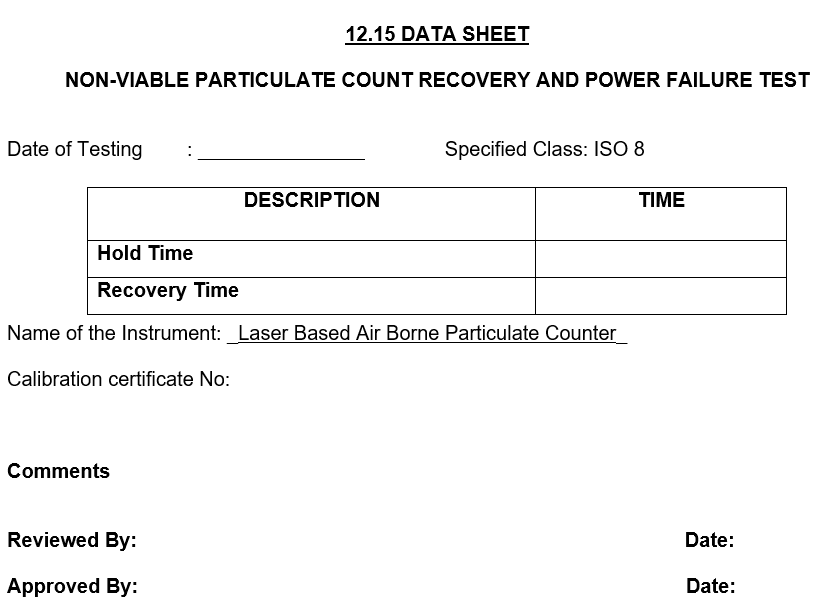 AHU Performance Qualification (PQ) data sheet for non-viable particle count recovery and power failure test in pharmaceutical cleanroom (ISO 8), showing fields for test date, hold time and recovery time measurements, laser-based airborne particle counter details, calibration certificate number, and sections for comments, review, and approval with dates.