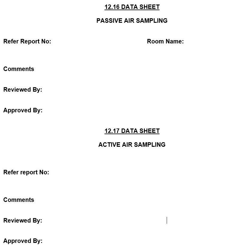 AHU Performance Qualification (PQ) data sheets for passive and active air sampling in pharmaceutical cleanroom, showing sections for reference report number, room name, comments, and review/approval details for passive air sampling (12.16) and active air sampling (12.17).