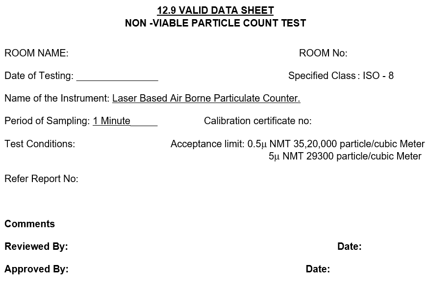 AHU Performance Qualification (PQ) valid data sheet for non-viable particle count test in pharmaceutical cleanroom (ISO 8), showing fields for room name and number, test date, laser-based airborne particle counter details, sampling period (1 minute), calibration certificate number, acceptance limits for 0.5µ and 5µ particles (particles per cubic meter), reference report number, and sections for comments, review, and approval with dates.
