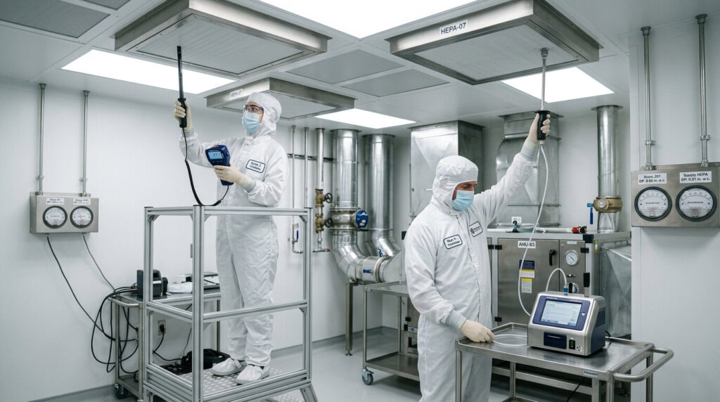 AHU operational qualification testing airflow velocity and HEPA filter integrity in cleanroom
