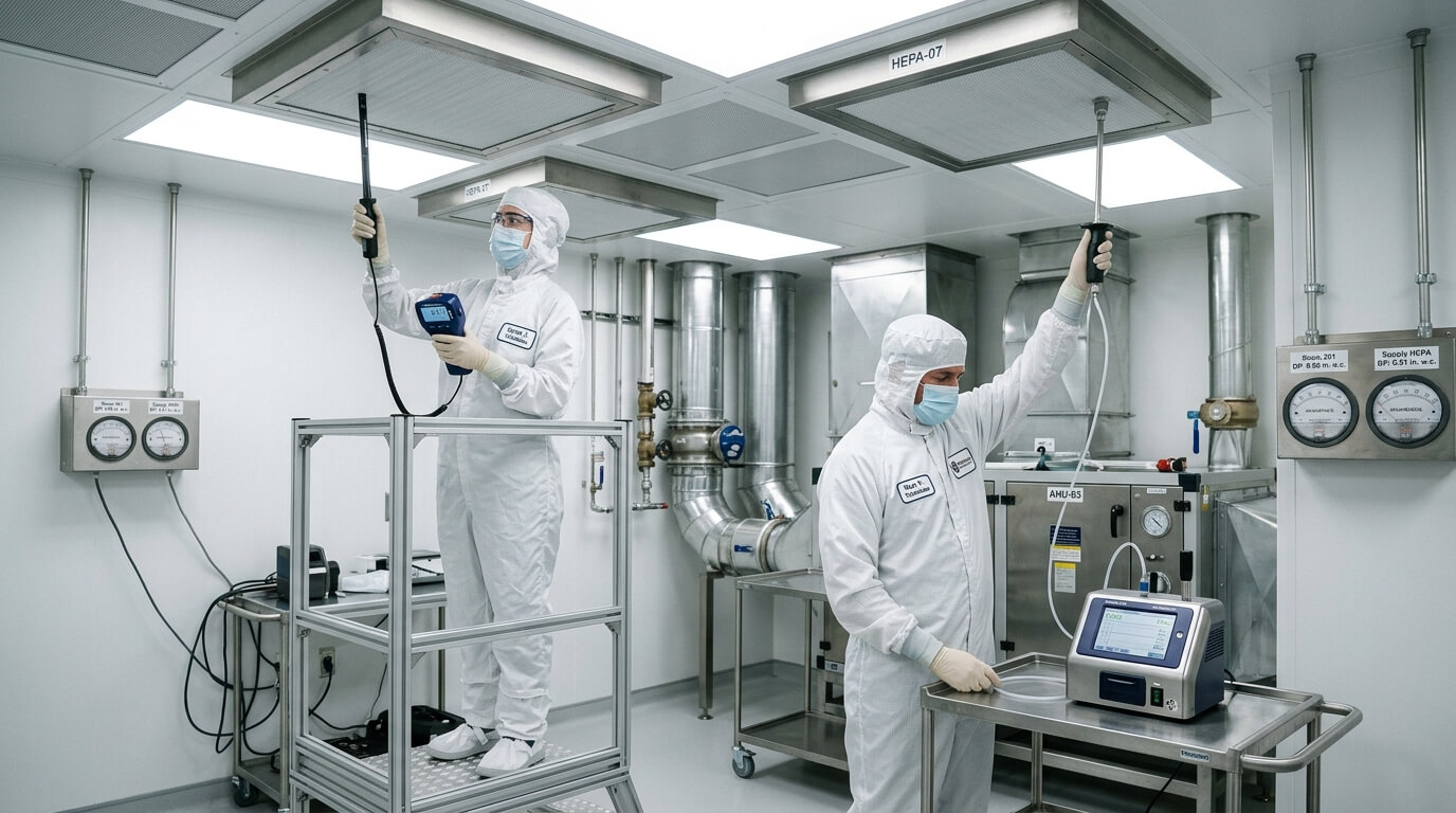 AHU operational qualification testing airflow velocity and HEPA filter integrity in cleanroom