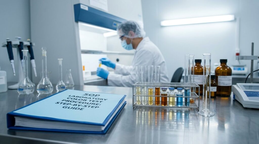 Blue SOP file for laboratory color test procedure placed on a stainless steel table in a pharmaceutical QC laboratory