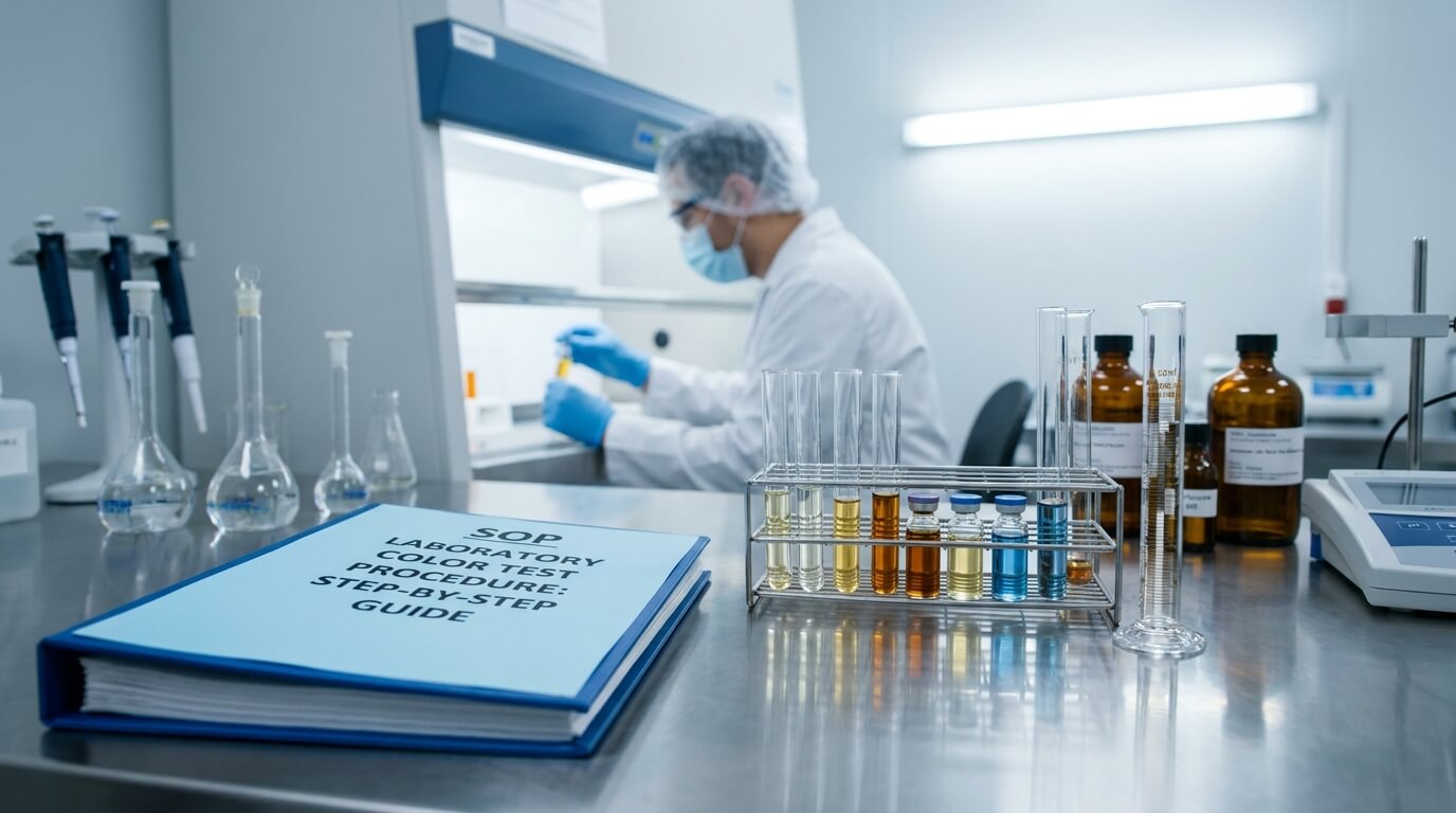 Blue SOP file for laboratory color test procedure placed on a stainless steel table in a pharmaceutical QC laboratory